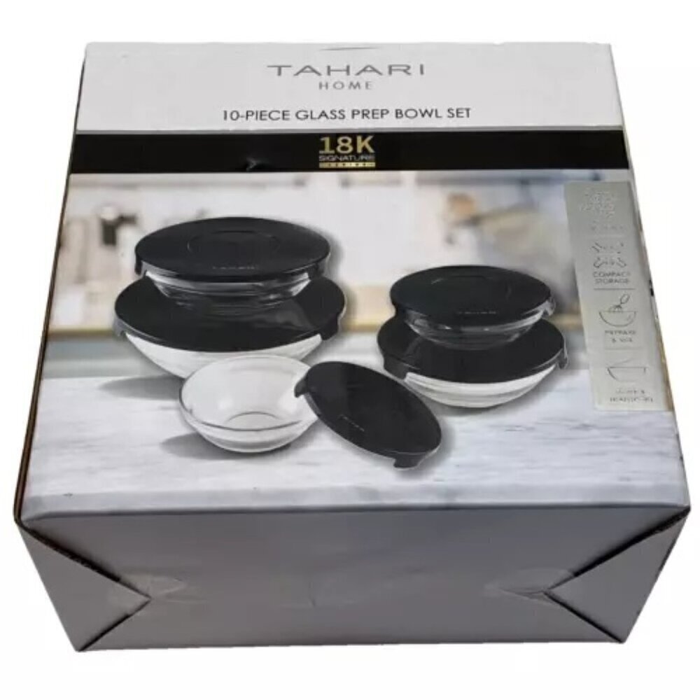 TAHARI Home Glass Nesting Prep Bowl‎ Set Stackable 10-Pc Kitchen Cooking Baking